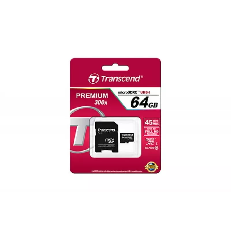 Cartão de memória flash Transcend 64GB MicroSDXC Classe 10 com adaptador