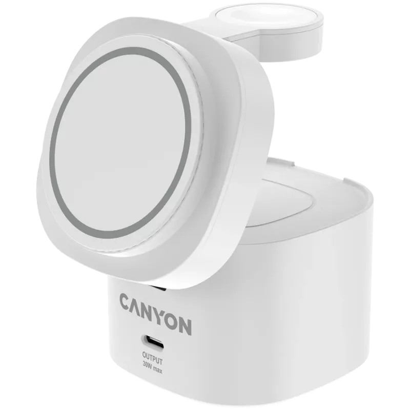 Estação de carregamento sem fios 4-em-1 Canyon, máx. 30 W, tamanho: 70x70x70,3 mm, peso: 414 g, com fonte de alimentação de 65 W e cabo de 1 m, branco