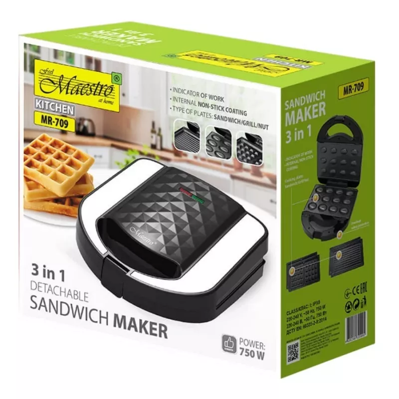 Torradeira e sanduicheira Maestro MR-709 3em1 750W – sanduicheira, placas de grelhar e de waffles, branca