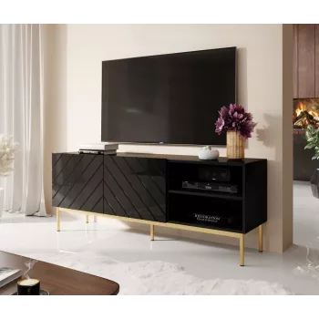 Móvel RTV ABETO sobre estrutura em aço dourado 150x42x60 preto/preto brilhante