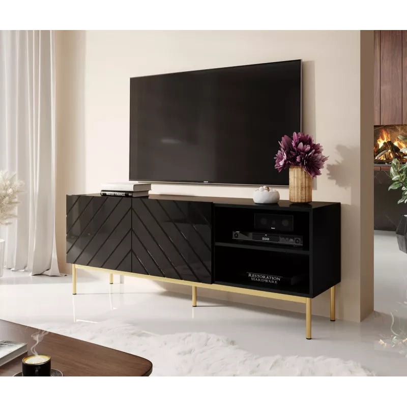 Móvel RTV ABETO sobre estrutura em aço dourado 150x42x60 preto/preto brilhante