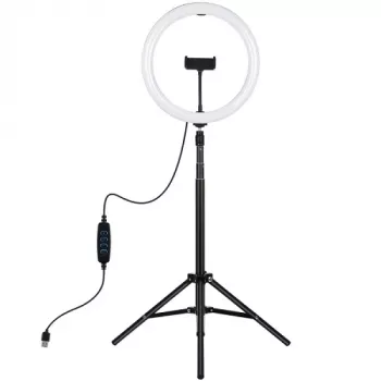 Anel de luz LED 30 cm com tripé até 1,65 m e suporte para telemóvel, USB