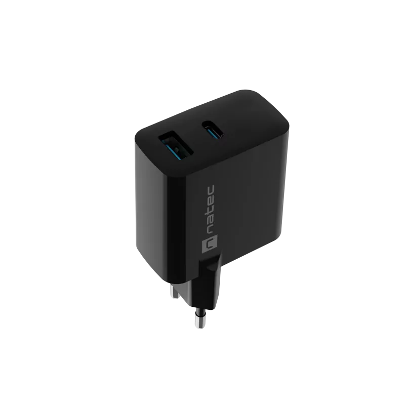 Carregador com fios para dispositivos móveis NATEC NUC-2143, 45 W, USB-C PD 3.0 + USB-A QC 3.0, 110–240 V, preto