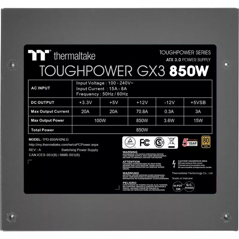 Thermaltake ToughPower GX3 - Fonte de Alimentação (interna) - ATX12V 3.0 - EPS12V - 80 PLUS Gold - AC 100-240 V - 850 Watt - Preto (PS-TPD-0850NNFAGE-3)