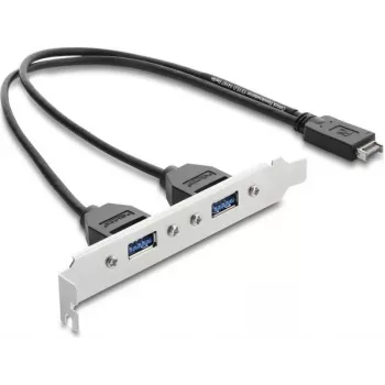 Adaptador DELOCK USB Type-E Key A macho para 2× USB-A 5Gbit/s com chapa de slot (modelo 67345)