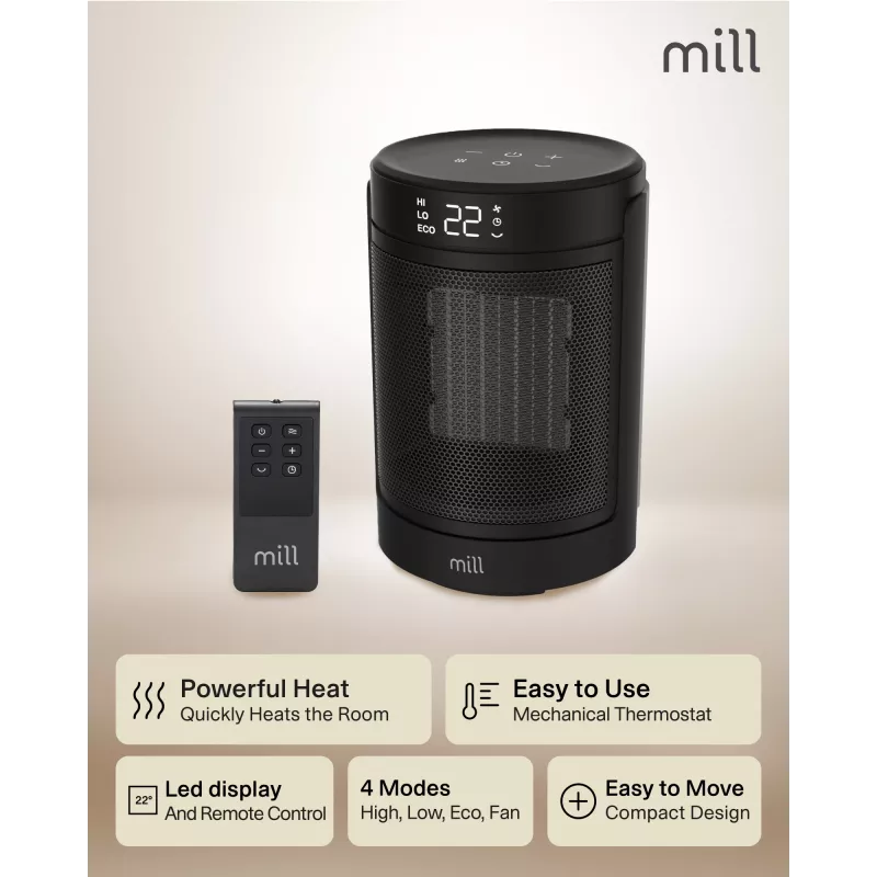 Termoventilador cerâmico Mill FH1500 preto 1500 W para espaços até 22 m², preto