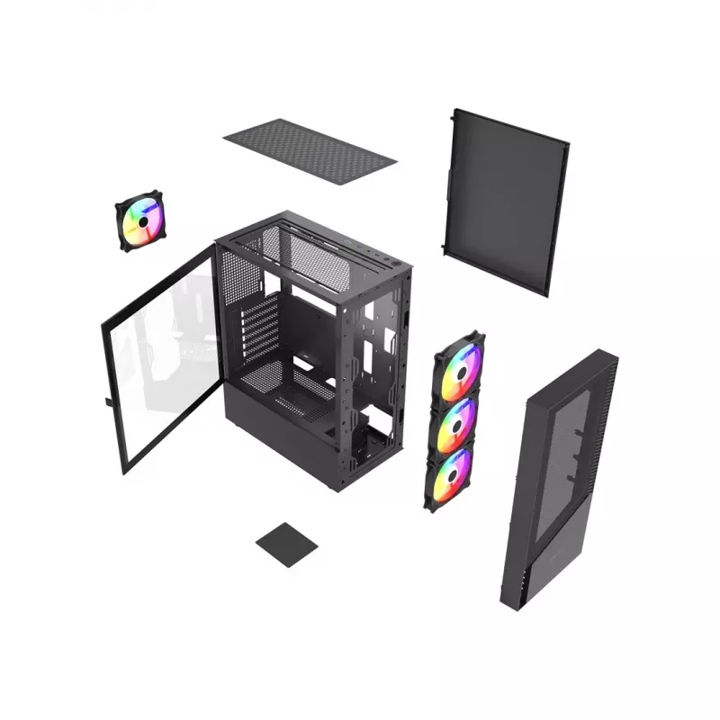 Gembird Fornax 4300 CCC-FC-4300 caixa gaming ATX Midi Tower, vidro temperado, ventoinhas ARGB, 2x USB 3.1, 1x USB 2.0, preta