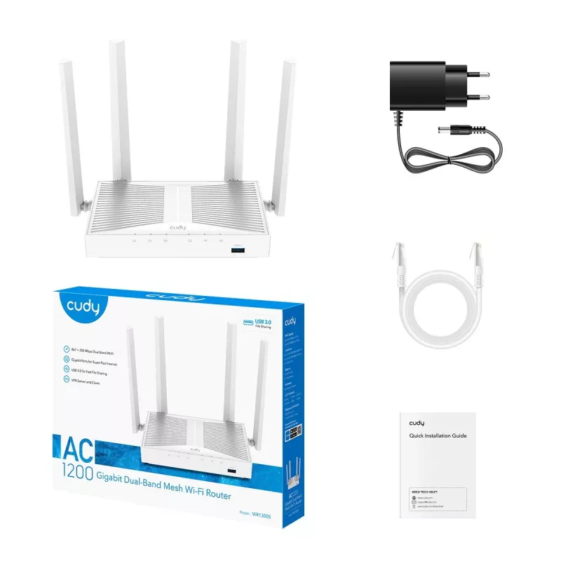 Router wireless de mesa Cudy WR1300S — Dualband 2,4/5 GHz, Wi‑Fi 5, Gigabit Ethernet, 4 LAN, USB, 4 antenas