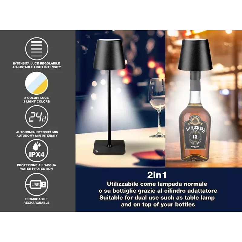 Beper P201UTP118 candeeiro de mesa LED recarregável, 1,5 W, interruptor tátil, regulável, adaptador para garrafa de 33 mm, resistente à água, preto