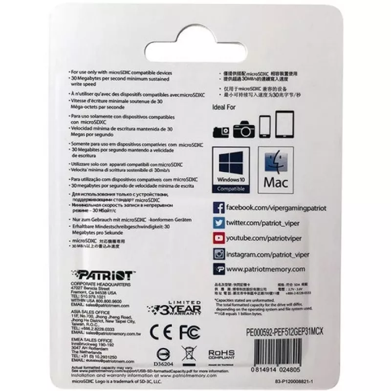 Cartão de memória MicroSDXC PATRIOT 512 GB UHS‑I U3 V30 Class 10, velocidade de leitura até 90 MB/s, adaptador incluído