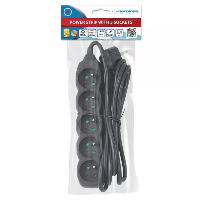 Extensão elétrica ESPERANZA ELK208K — 5 tomadas, cabo de 3 m, preta