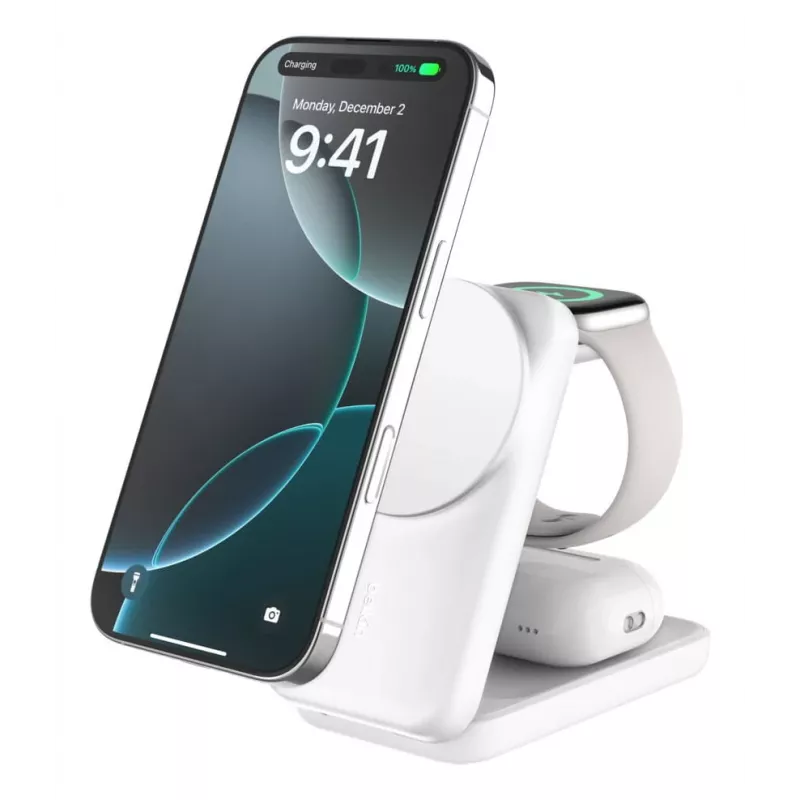 Carregador de interior Belkin UltraCharge 25W Qi2 Carregador magnético 3-em-1 UE Branco Quadrado