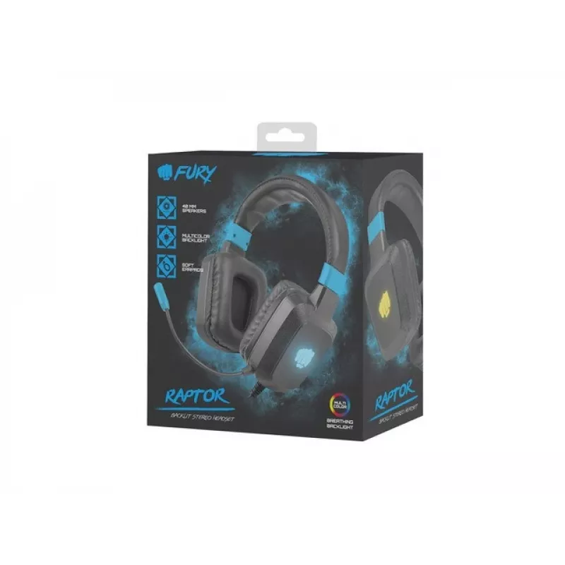 Headset gaming com fios Fury NFU-1584 com microfone de arco, circumaural, 98 dB, 15–25000 Hz, cabo de 2 m, USB e 3,5 mm, azul