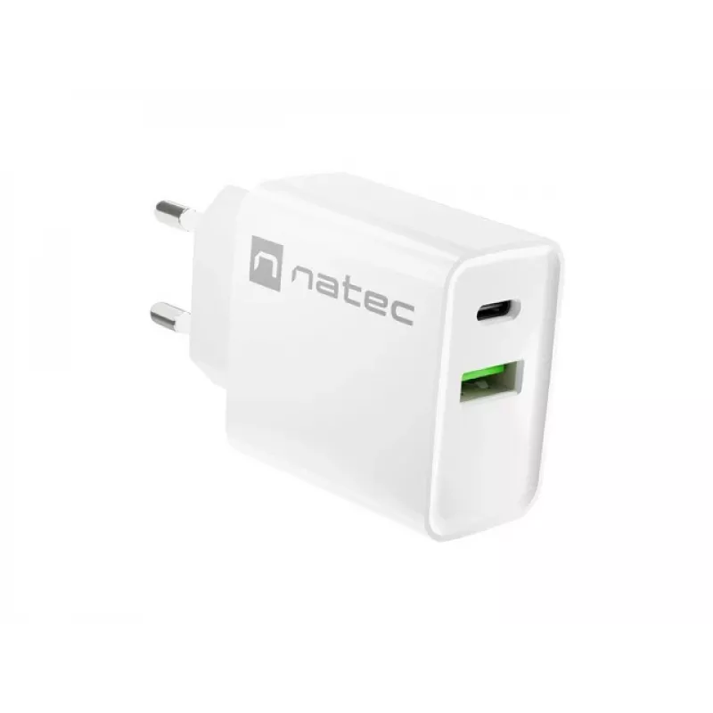 Carregador rápido de rede NATEC RIBERA 12V 20W USB-C PD 3.0 + USB-A Samsung AFC branco