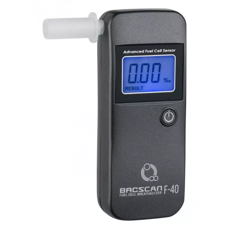 Alcoolímetro BACscan F-40, sem contacto, TAS 0–4%, precisão 1%, tempo de aquecimento 20s, LCD, pilha AAA×2