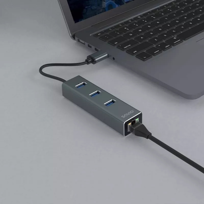 Hub USB-A SAVIO com RJ-45 Gigabit Ethernet AK-57 — 3× USB-A + RJ-45, USB 3.2 Gen 1 Micro‑B host, 5 Gbit/s, 4 portas, cinzento