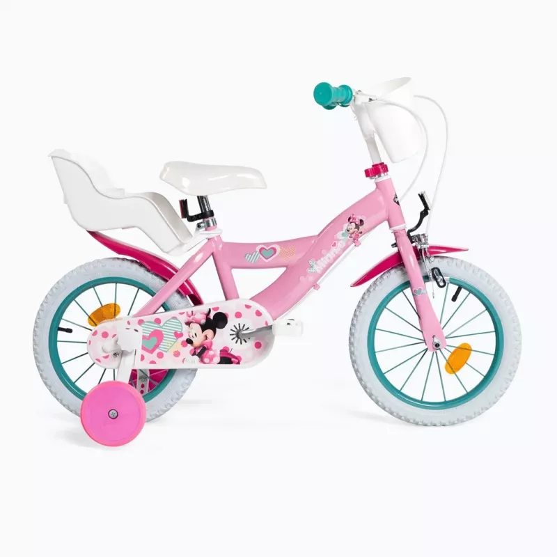 Bicicleta infantil HUFFY 24951W Minnie, rodas de 14 polegadas, quadro em aço, pneus pneumáticos, travões de aro dianteiro/traseiro, rodas de apoio