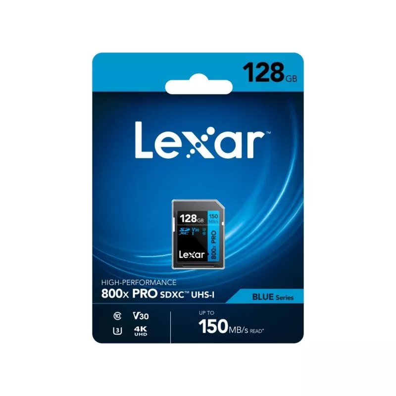 Cartão de memória SDXC Lexar 128GB UHS-I 800xPRO Class 10 U3 V30 — 150 MB/s leitura, 45 MB/s escrita, preto