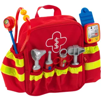 Theo Klein 4314 Mochila de emergência e resgate I com estetoscópio, seringa e muito mais I medidor de tensão eletrónico com som I brinquedo para crianças