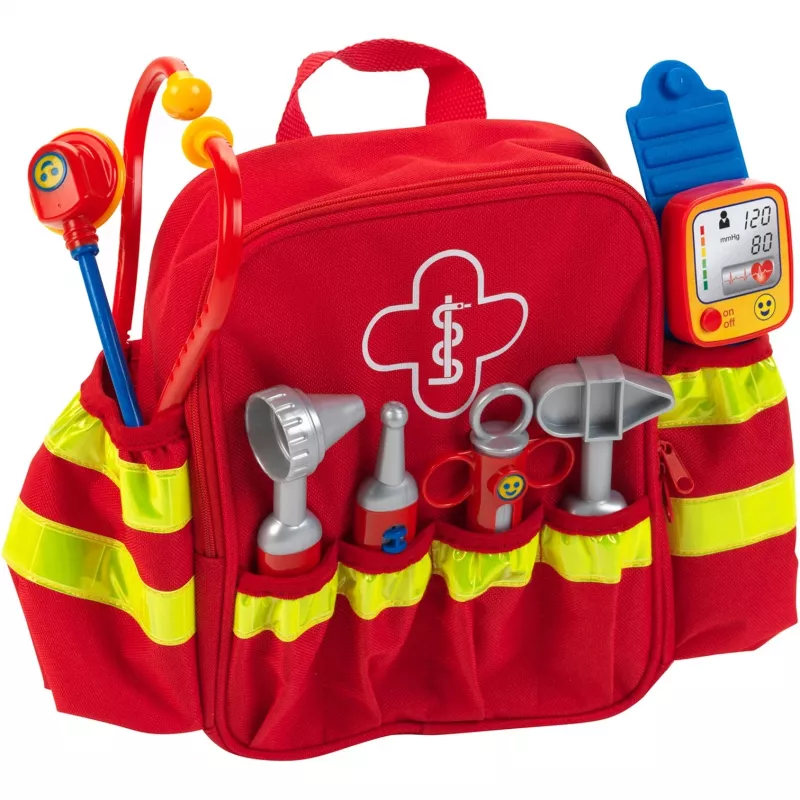 Theo Klein 4314 Mochila de emergência e resgate I com estetoscópio, seringa e muito mais I medidor de tensão eletrónico com som I brinquedo para crianças