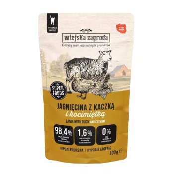 Alimento húmido para gatos wiejskazagroda borrego e pato erva-gateira adulto 100 g, sem cereais, sem glúten