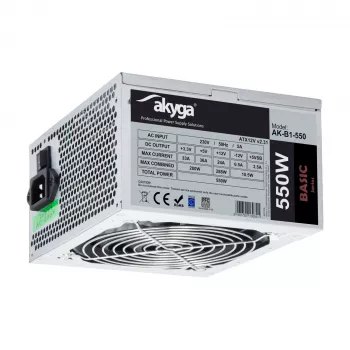 Fonte de alimentação ATX Akyga Basic AK-B1-550 550 W, ventoinha de 120 mm, PFC passivo, cinzento