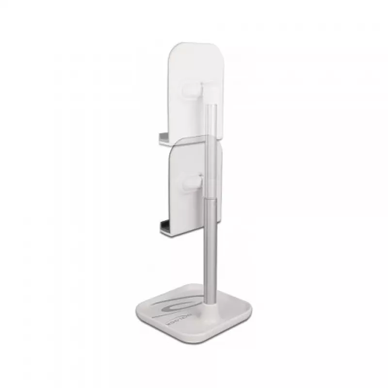 Suporte telescópico DeLOCK para smartphone e tablet com prateleira, prateado/branco