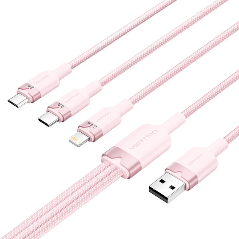Cabo USB 2.0 A para 3-em-1 3A Vention CTPPG 1,5 m rosa