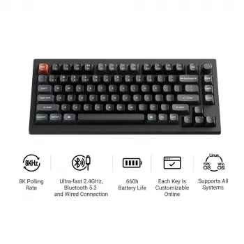 Teclado mecânico Keychron V1 Ultra 8K — 75 % QWERTY, Bluetooth, com fios, RGB, preto
