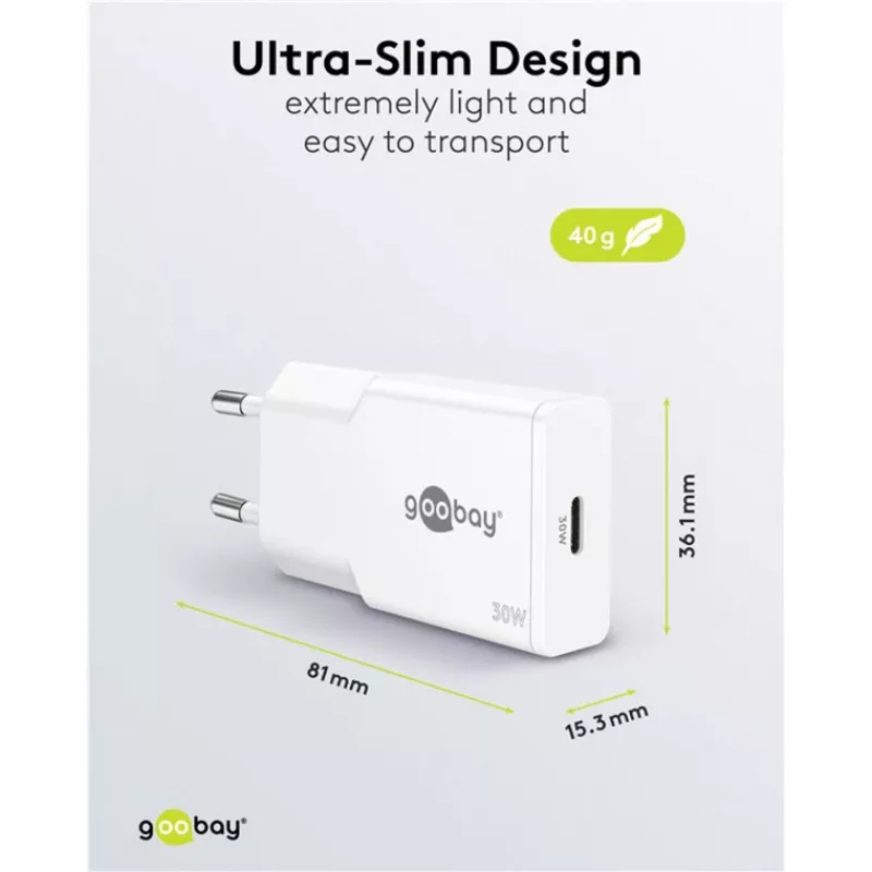 Carregador rápido fino GaN USB-C PD (30 W) (branco)
