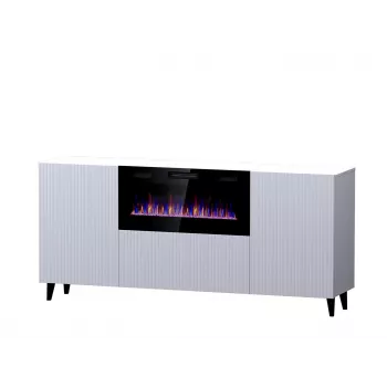 Cómoda com lareira elétrica Cama Meble PAFOS, 180 x 42 x 82 cm, branco mate, 1400–1600 W, sem puxadores, 3 portas, 2 prateleiras