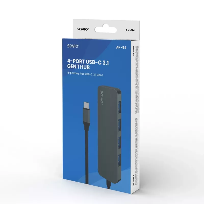Hub USB SAVIO AK-54 — 4 x USB-A (USB 3.2 Gen 1), host USB-C, preto