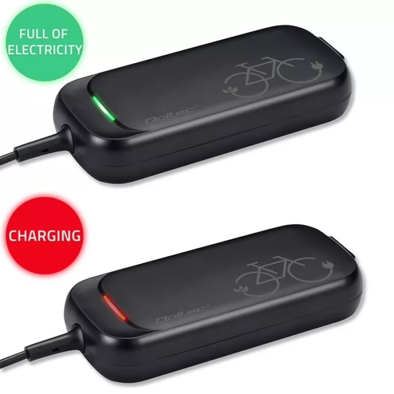 Carregador para e-bike QOLTEC 50332 — saída 36V/42V, 2A, ficha 5,5×2,1 mm