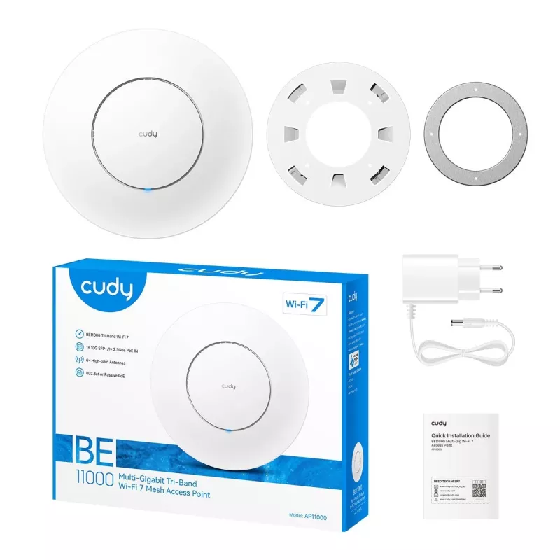 Ponto de acesso WLAN Cudy AP11000 — Tri‑Band Wi‑Fi 6 (2,4/5/6 GHz), 5760 Mbit/s, MU‑MIMO, montagem em teto/parede