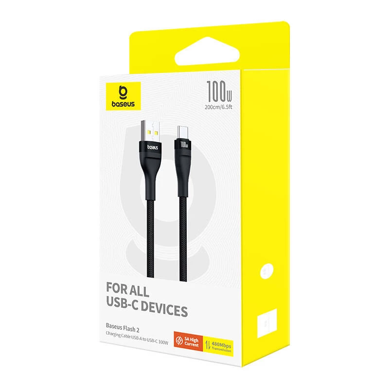 Cabo de carregamento rápido Baseus Flash 2 USB A para USB C 2 m 100 W preto