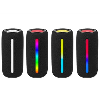 Altifalante estéreo portátil TRACER Stripe preto — 10 W RMS, Bluetooth/com fios, USB-A e USB-C, MicroSD, bateria integrada (até 5 h)
