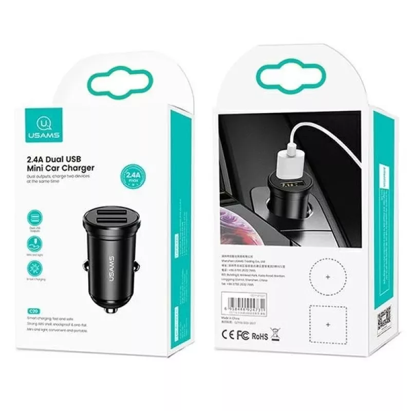 Carregador de automóvel usams USA000867 — USB duplo 2×2,4A, Preto