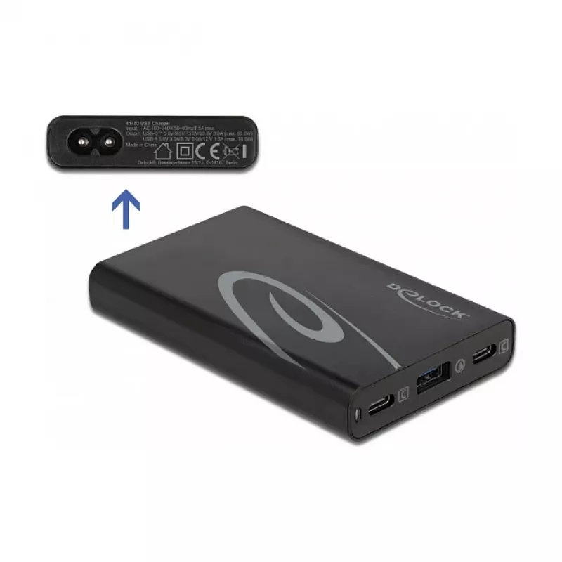DeLOCK carregador USB 2 x USB Type-C PD 3.0 + 1 x USB Type-A, 60 W