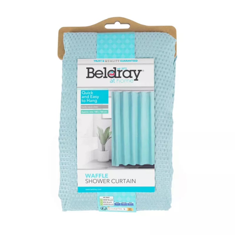 Cortinado de duche Beldray LA035655FAS design waffle azul, cortinado de tecido 180x180 cm