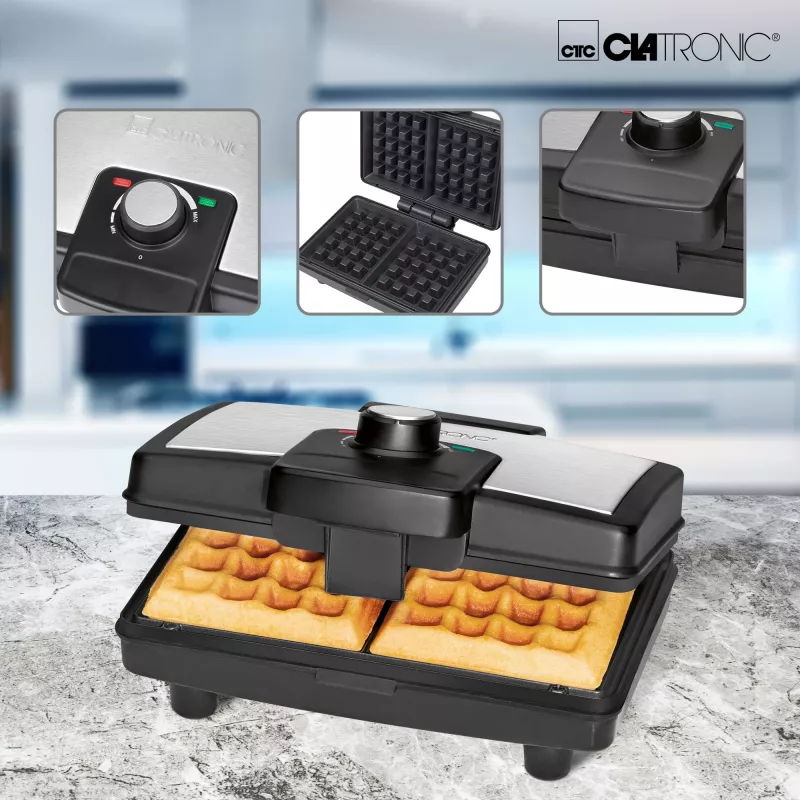 Máquina de waffles Clatronic WA 3606 para 2 waffles preto, aço inoxidável 800 W