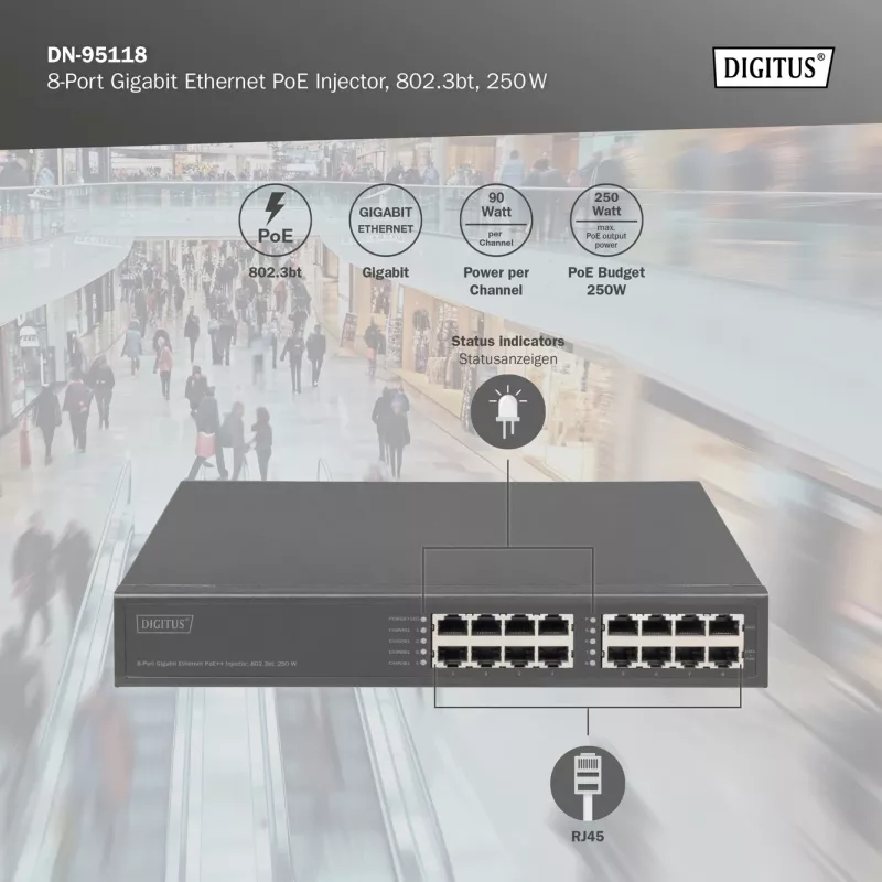 Injetor PoE Digitus 8 portas Gigabit Ethernet, 802.3bt, 250 W