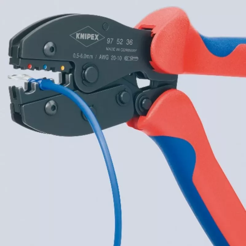 Knipex 97 52 36 PreciForce alicate de crimpagem 220 mm, 0,5–6,0 mm², 3 cavidades de crimpagem, vermelho/azul