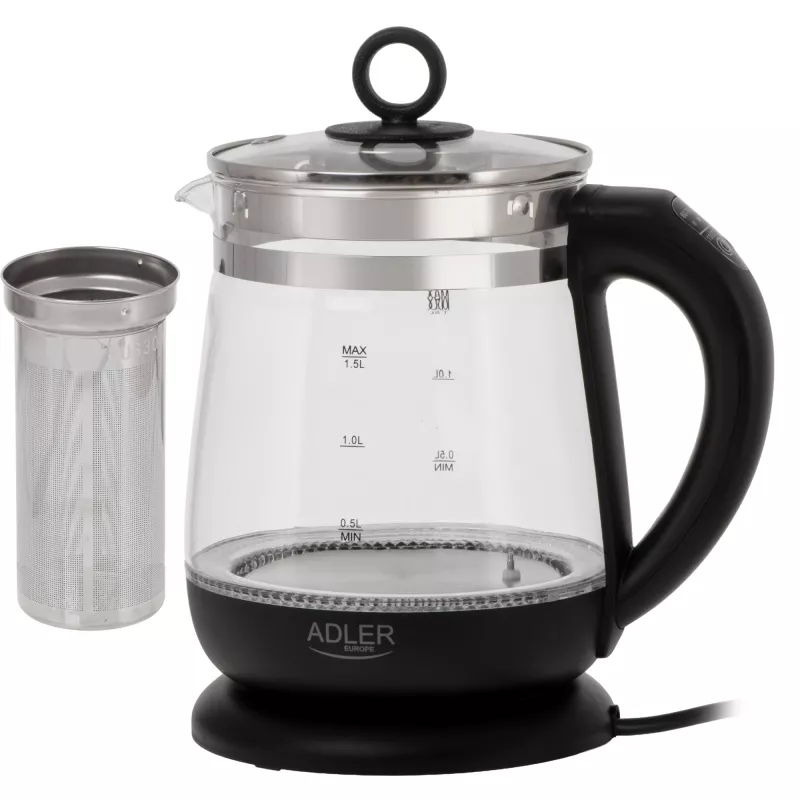 Chaleira elétrica Adler | AD 1299 | elétrica | 2200 W | 1,5 L | vidro | base rotativa 360° | preta