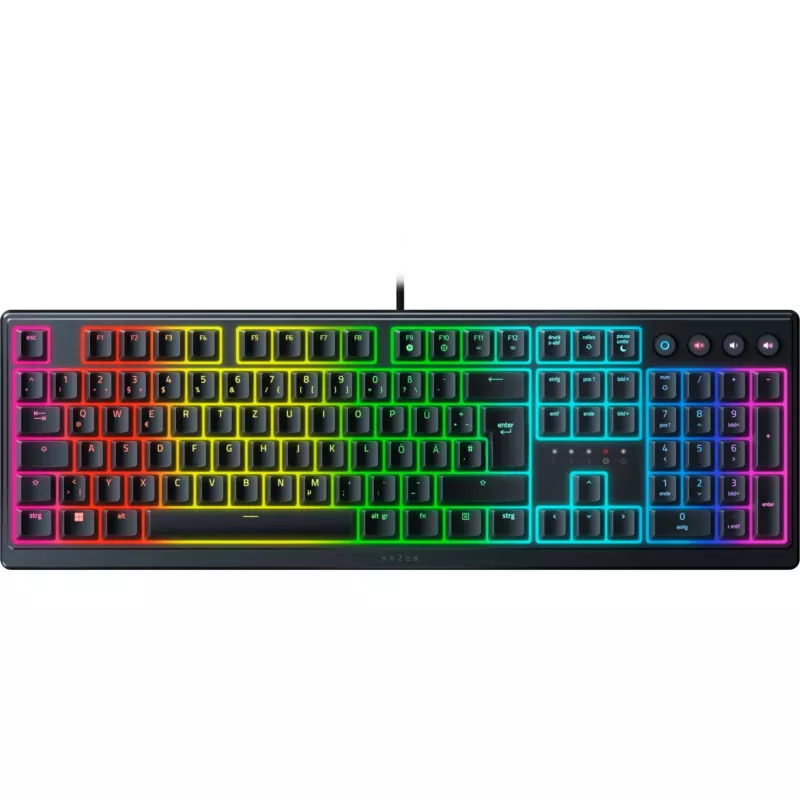 Razer Ornata V3, interruptores mecha-membrane, 10 zonas de iluminação Razer Chroma RGB, 1000 Hz Ultrapolling, teclas retroiluminadas, apoio de pulso soft-touch - Layout alemão