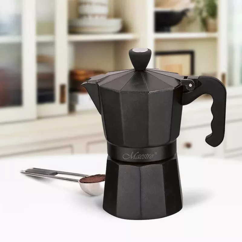 Cafeteira moka Maestro MR-1666-3-Preto, máquina de café manual em alumínio para 3 chávenas, 150 ml, preto