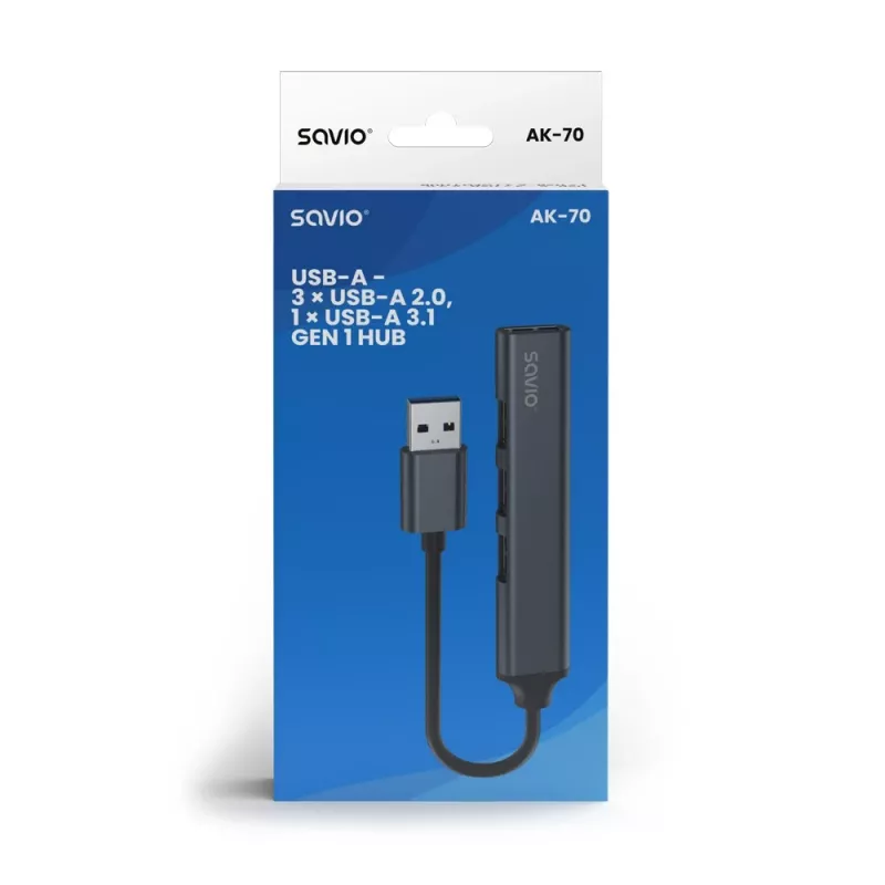 Savio AK-70 hub USB-A, 4 em 1: 3 x USB-A 2.0 + 1 x USB-A 3.1 Gen 1, 5 Gbps