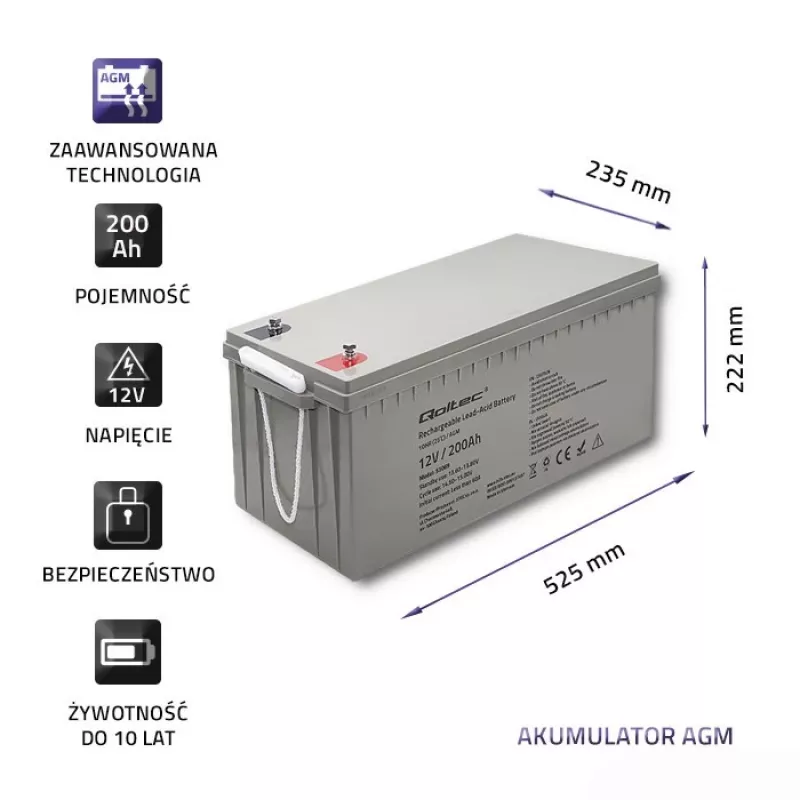 Bateria AGM recarregável QOLTEC 53069 12V 200Ah para alimentação de reserva e sistemas UPS