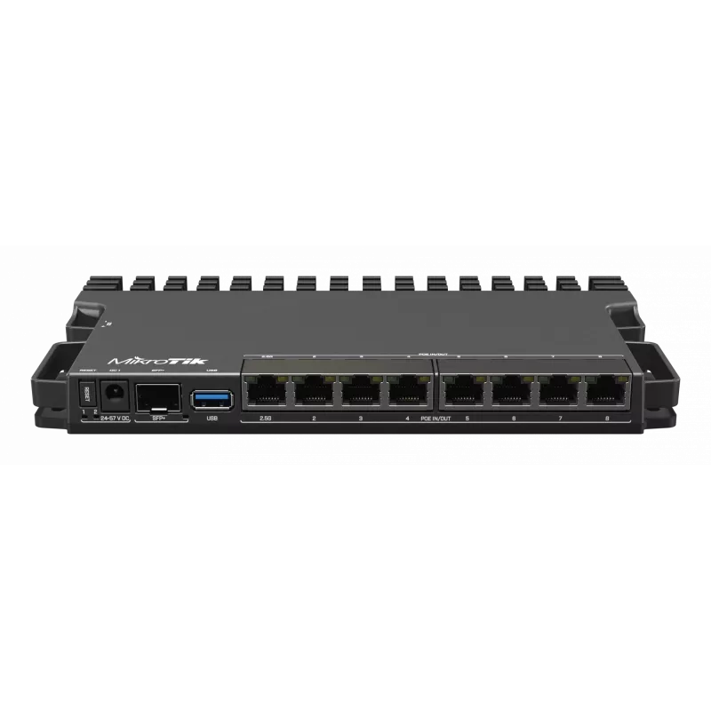 Router com fios MikroTik RB5009UPR+S+IN — 8x portas RJ-45 PoE, 2,5GbE, slot SFP+, RouterOS