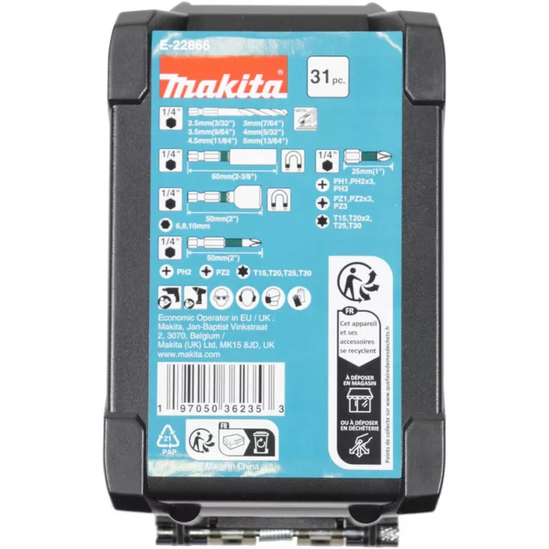 Conjunto de brocas Makita E-22866 — 31 peças, vários tamanhos para madeira, metal, alvenaria