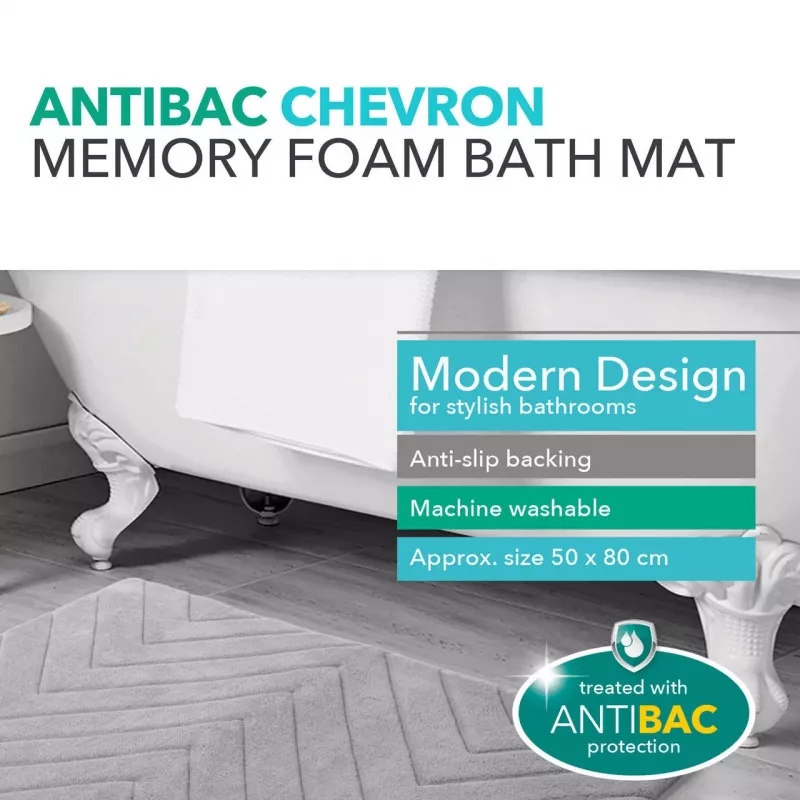 Tapete de casa de banho Beldray LA032647LGRYUFFEU7 Antibac Chevron espuma com memória, antibacteriano, cinzento